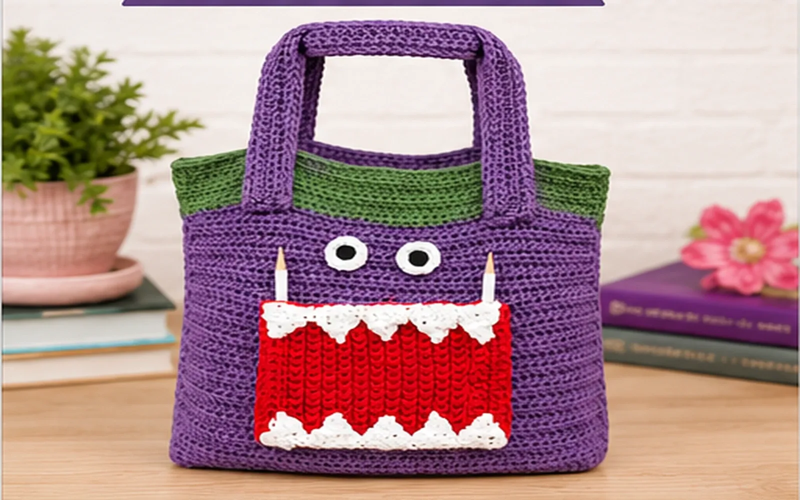Finished purple, green, red and white Snack Monster crochet tote with a toothy mouth pocket