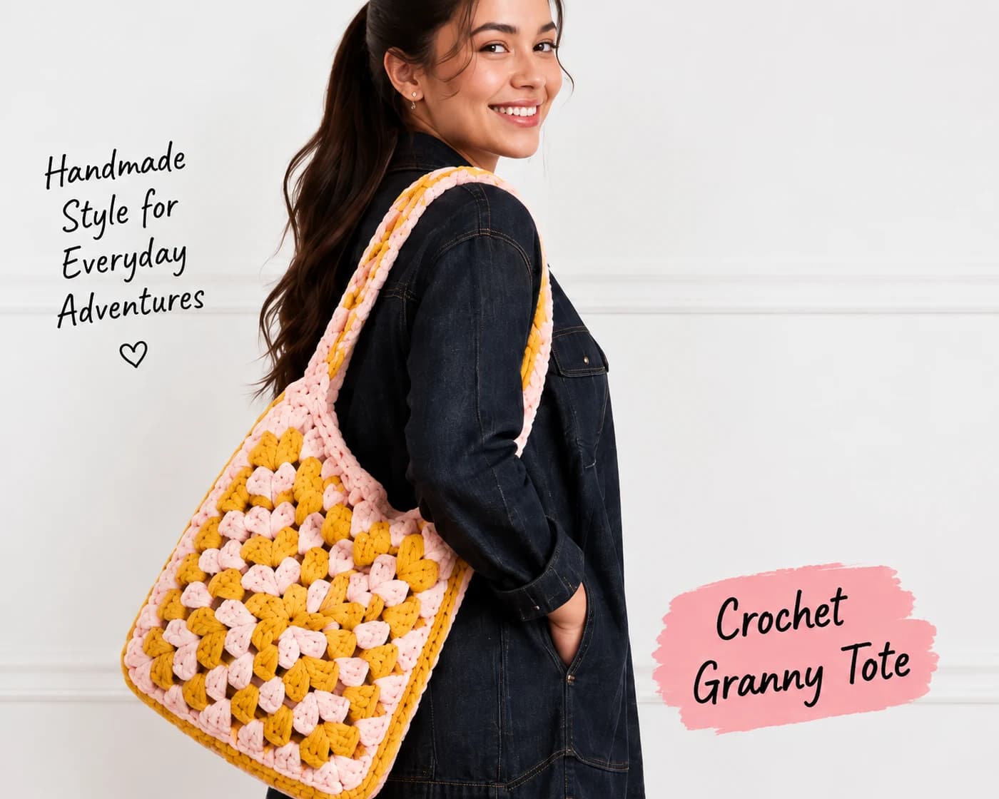 Pink and mustard crochet granny tote made from two oversized granny motifs with a long shoulder handle