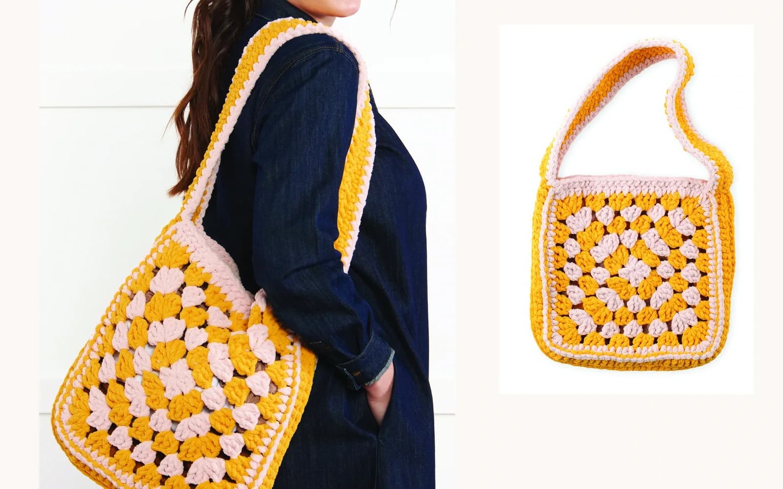 Pink and mustard crochet granny tote made from two oversized granny motifs with a long shoulder handle