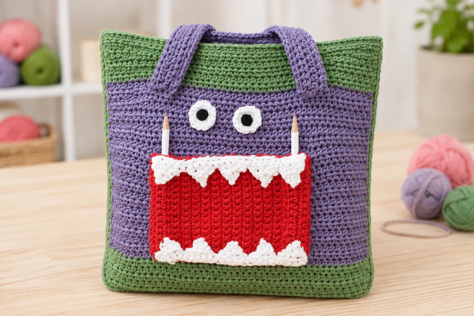 Green and violet crochet monster tote with a red mouth pocket, white teeth and two round eyes on a craft table