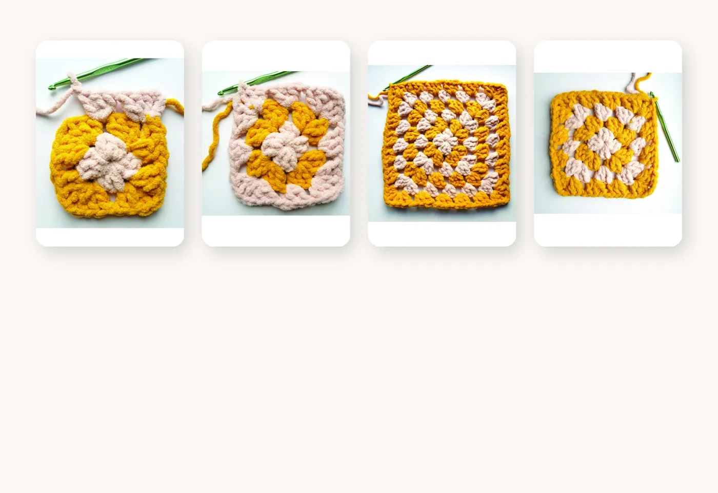Real photos showing the granny motif growing through the later alternating-color rounds