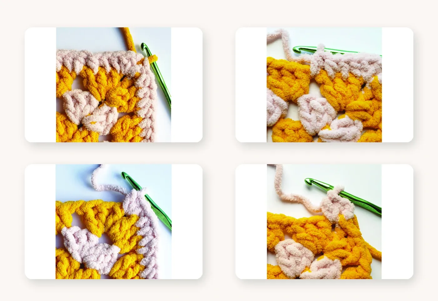 Real close-up photos showing the half-double-crochet edging around the granny motif