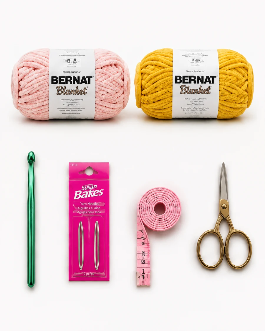 Illustration of Pink Dust and Sunsoaked yarn with crochet tools