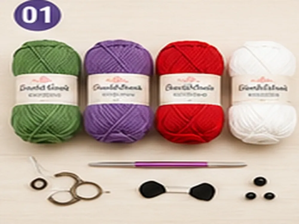 Green, purple, red and white yarn with crochet tools for the Snack Monster tote