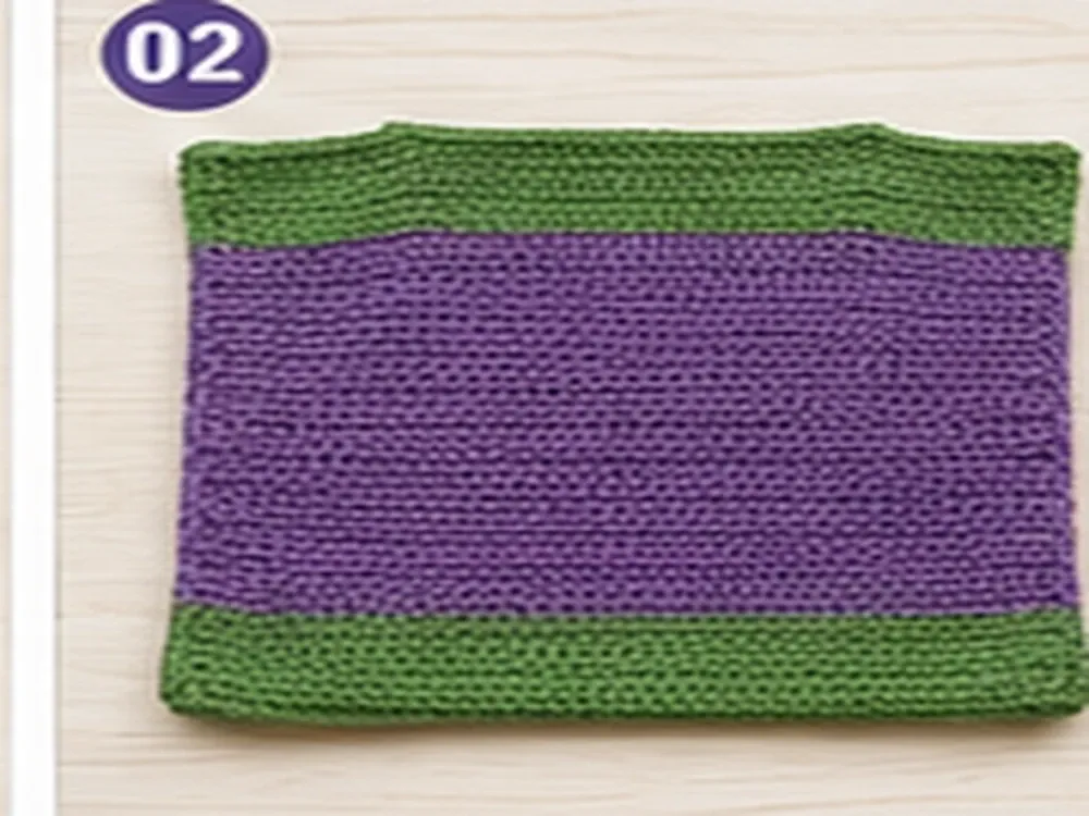Crocheted purple and green bag panel laid flat before assembly