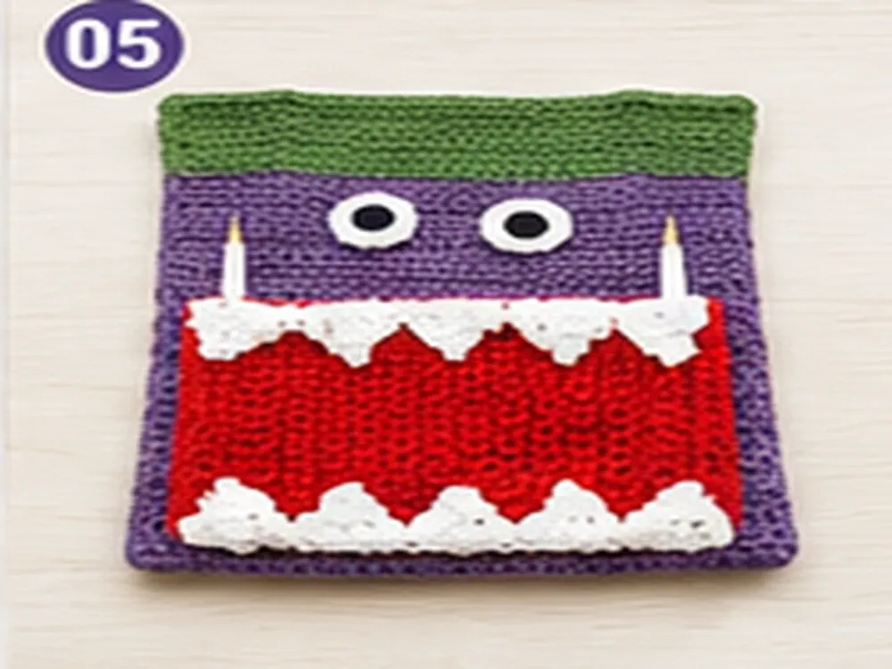 Monster mouth and eyes positioned on the front crochet bag panel