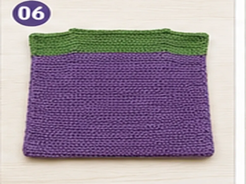 Second purple and green crochet bag panel before joining
