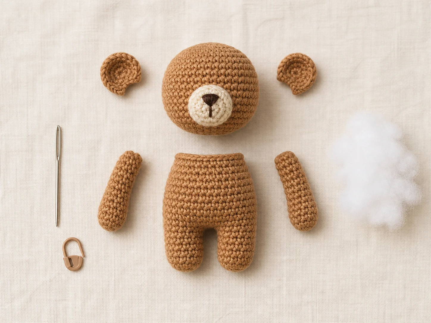 Separate crocheted teddy-bear pieces arranged for assembly